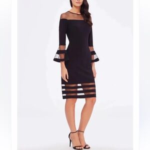 Betsy & Adam Bell Sleeve Illusion Fitted Sheath Dress in Black, Cocktail Sz 8P